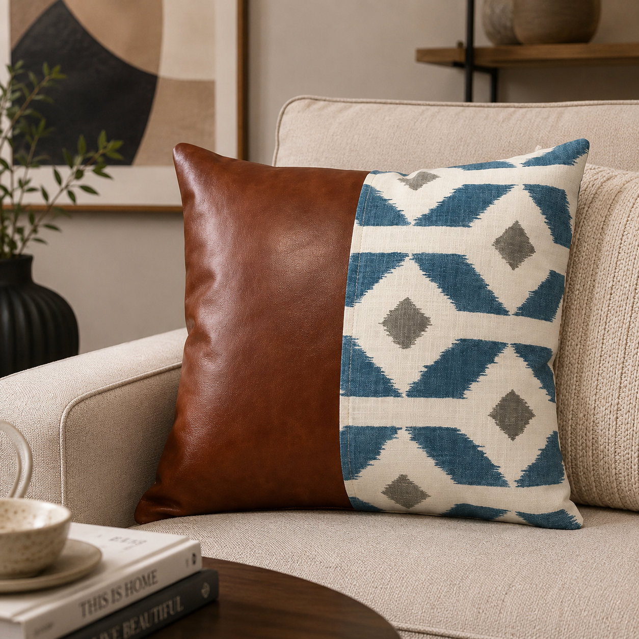 Funda Cojín Decorativo EcoCuero Azul y Beige 45x45-1
