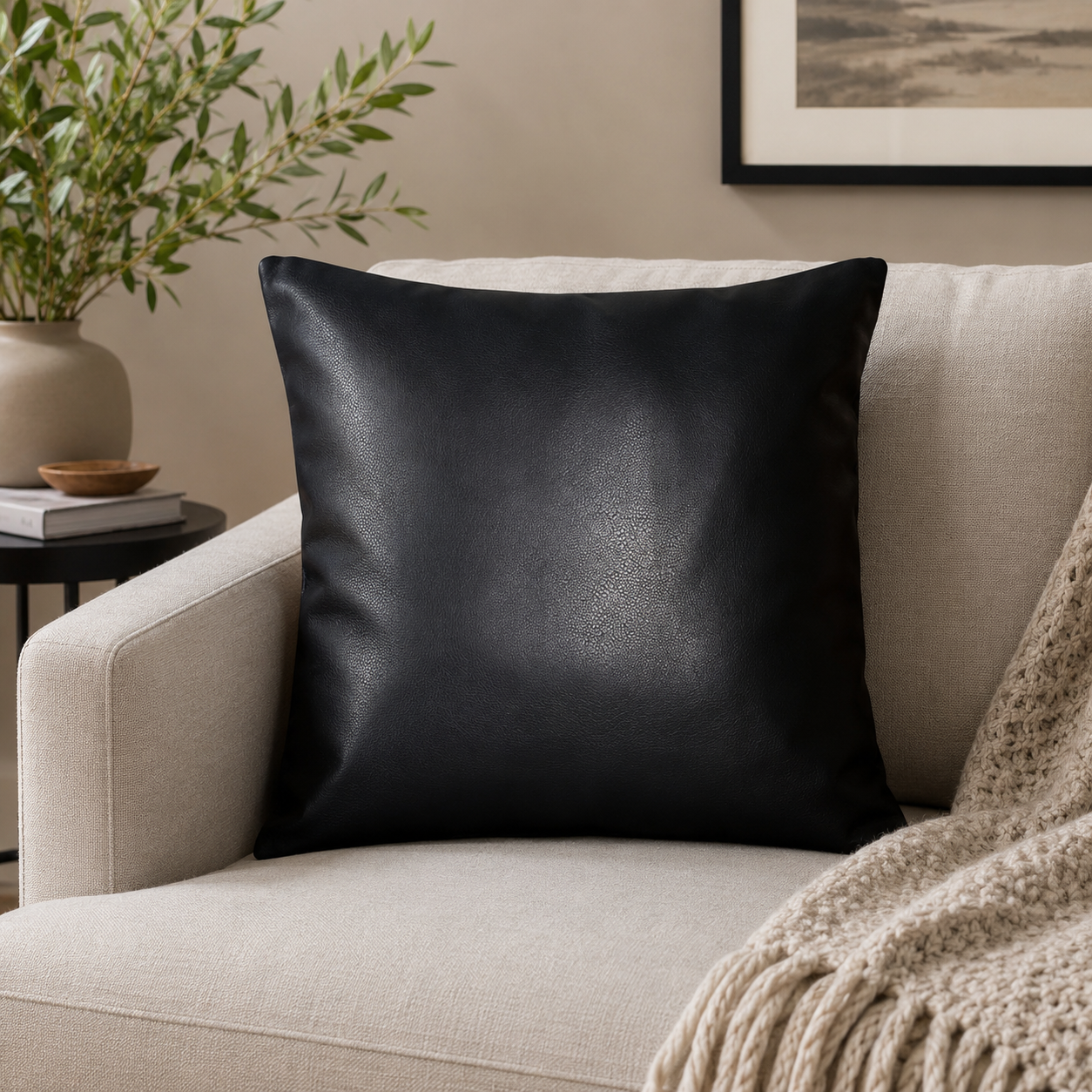 COJÍN DECORATIVO ECOCUERO NEGRO 45X45 RELLENO-1