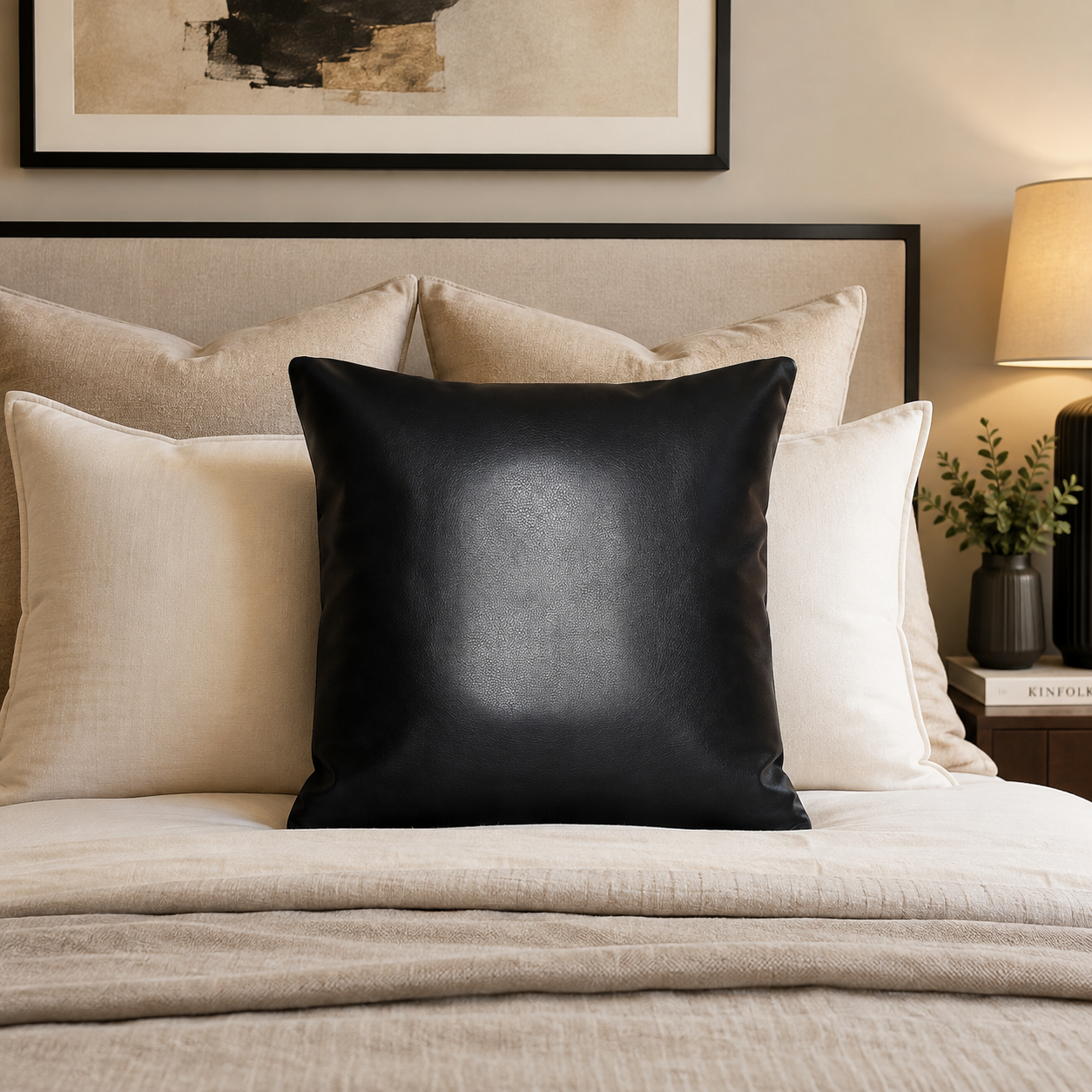 COJÍN DECORATIVO ECOCUERO NEGRO 45X45 RELLENO-2