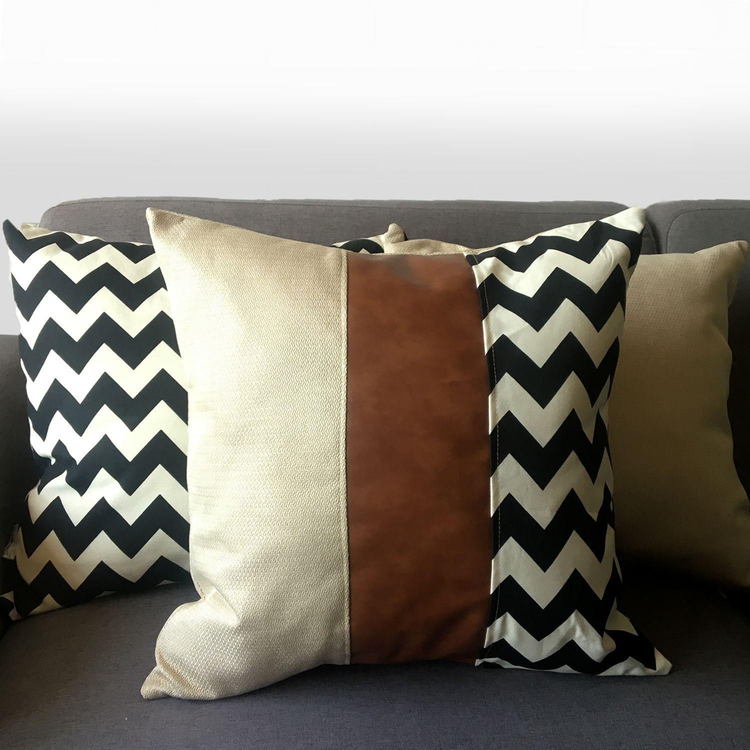 Cojin Decorativo EcoCuero ZigZag Blanco y Negro 60x60 Relleno-1