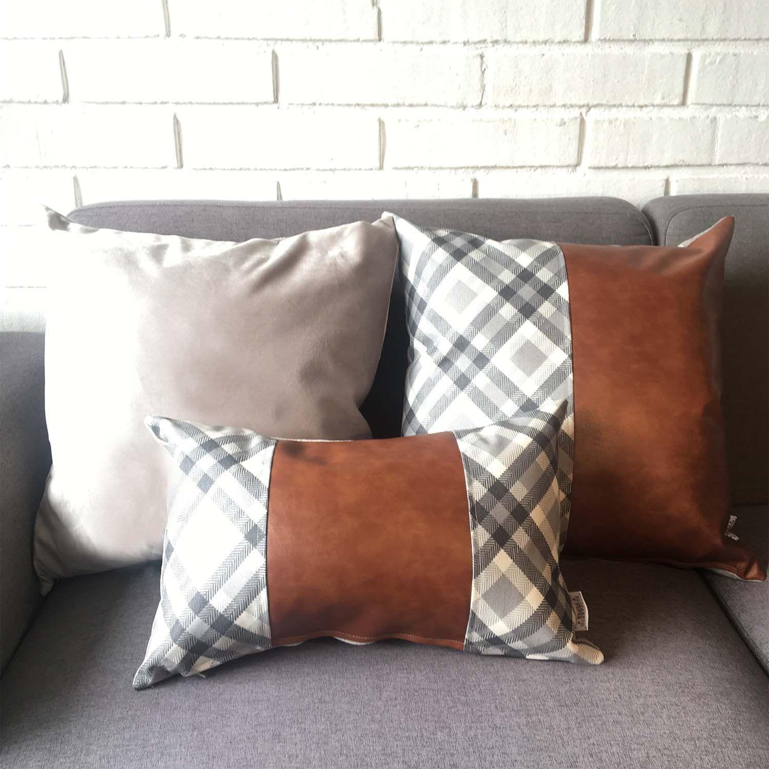 PACK 4 FUNDAS COJIN DECORATIVO ECOCUERO GRIS CAFE 45X45-5