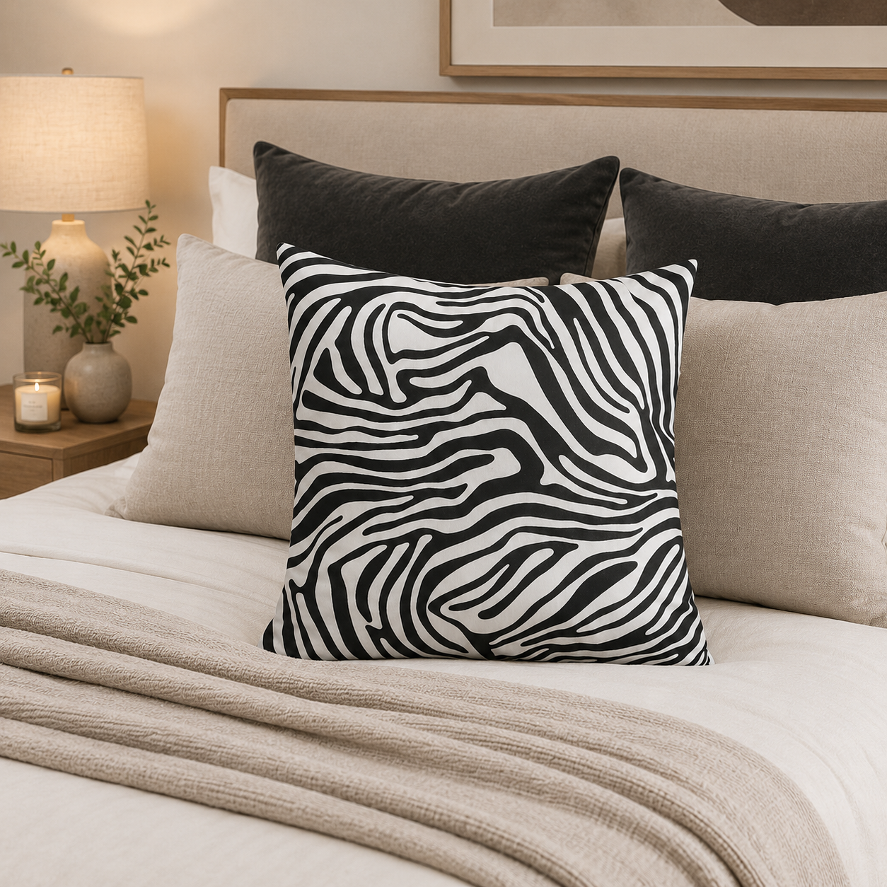 FUNDA COJIN DECORATIVO DISEÑO CEBRA BLANCO Y NEGRO 60x60-2