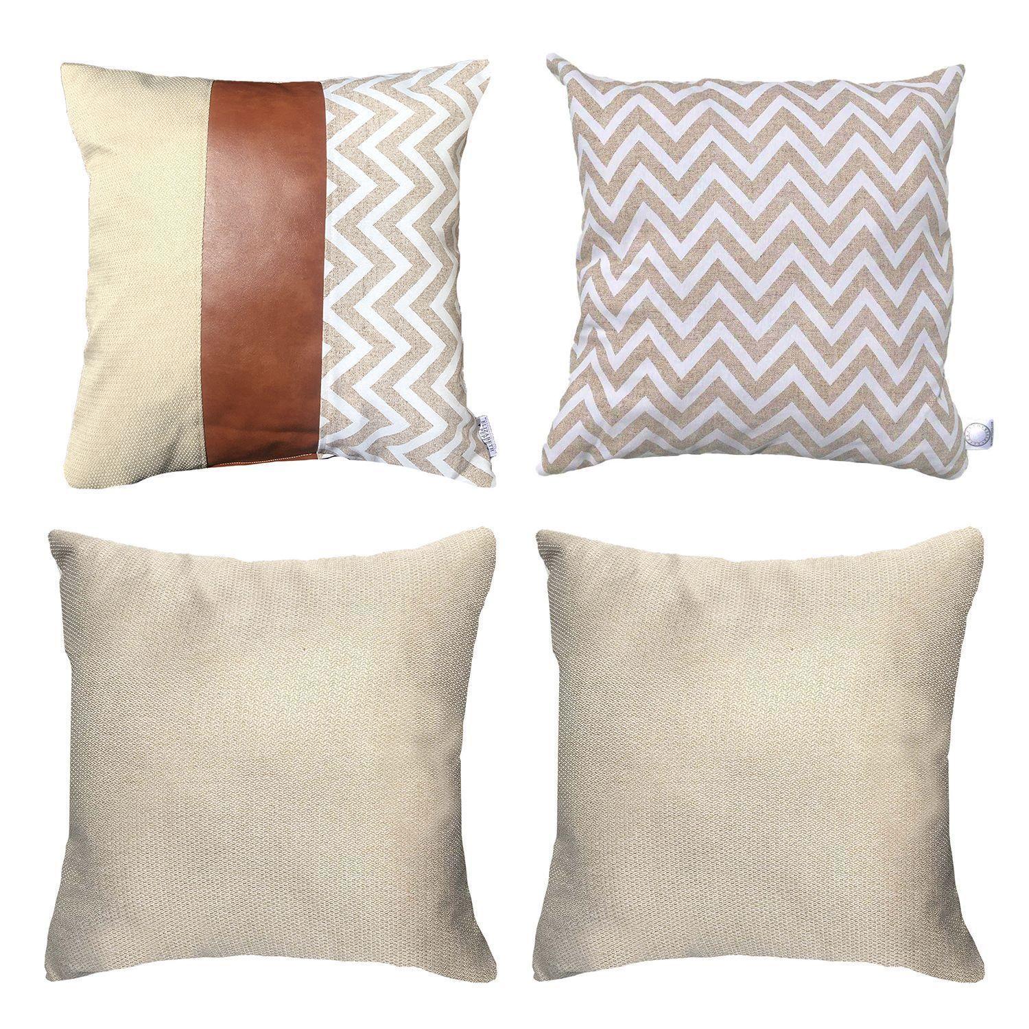 PACK 4 FUNDAS COJIN DECORATIVO ECOCUERO ZIGZAG CREMA 45X45-0