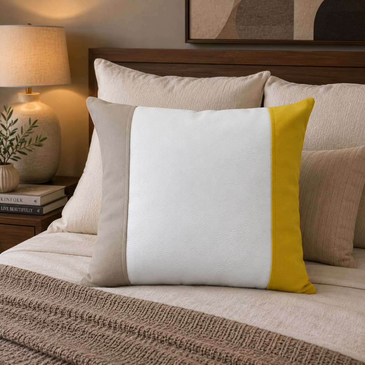 Funda Cojin Decorativo EcoCuero Blanco Beige Amarillo 60x60-2