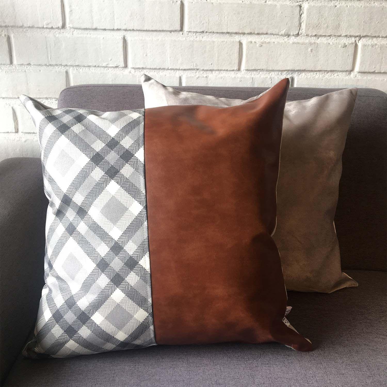 PACK 4 FUNDAS COJIN DECORATIVO ECOCUERO GRIS CAFE 50X50-6