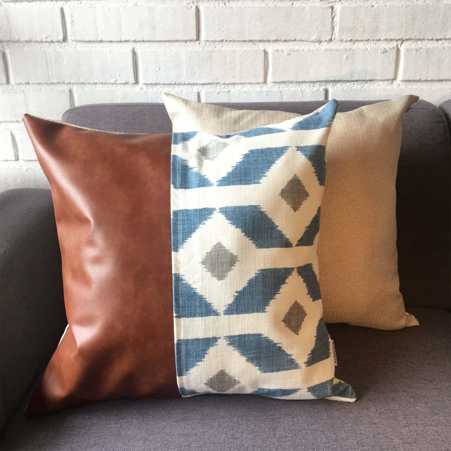 Cojín Decorativo EcoCuero Azul y Beige 45x45 Relleno-2