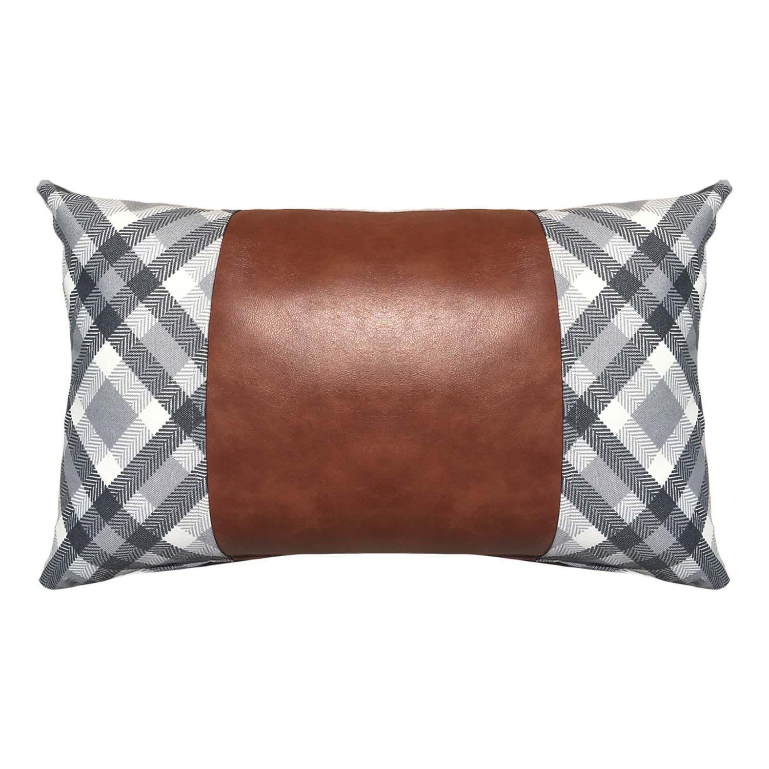 COJIN DECORATIVO ECOCUERO GRIS Y CAFE 50X30 RELLENO-0