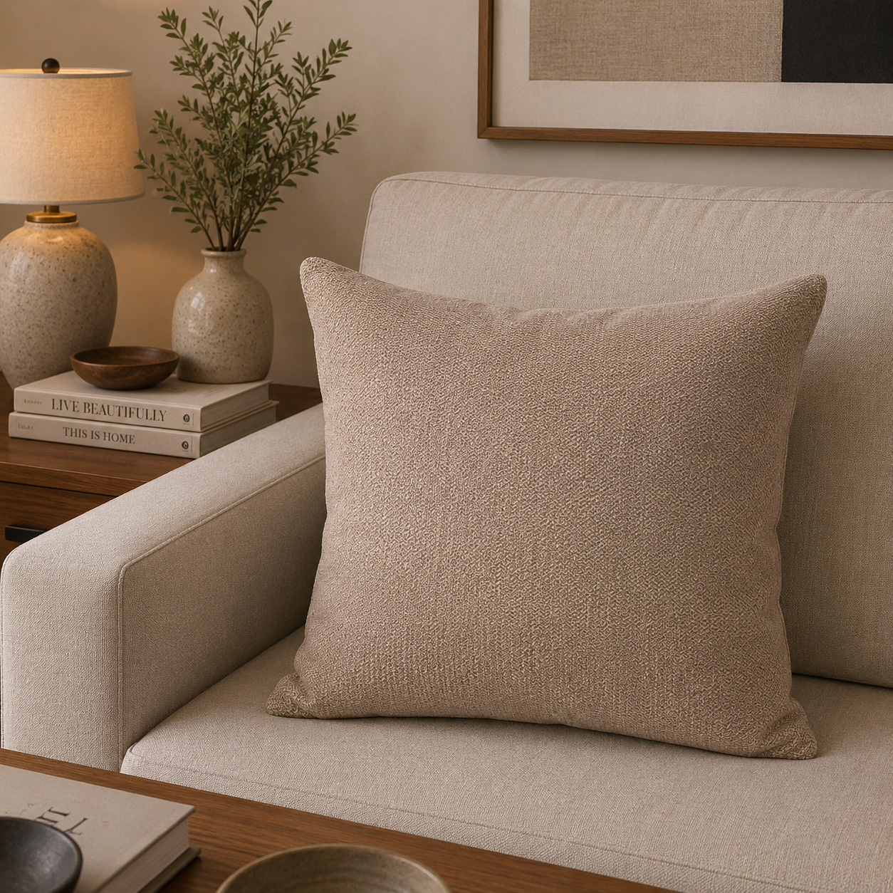 COJIN DECORATIVO DISEÑO LINO BEIGE OSCURO 50X50 RELLENO-1