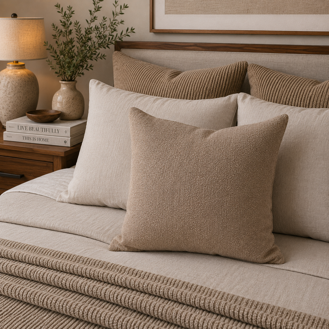 COJIN DECORATIVO DISEÑO LINO BEIGE OSCURO 50X50 RELLENO-2