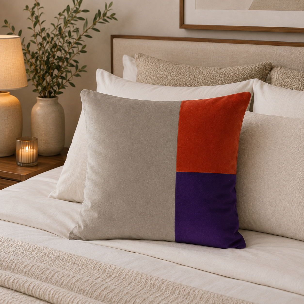 FUNDA COJIN DECORATIVO DISEÑO BEIGE MORADO Y NARANJO 45X45-2