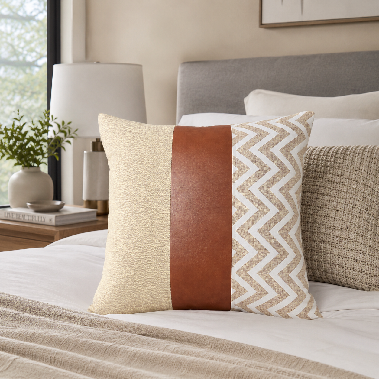 Funda Cojin Decorativo EcoCuero ZigZag Crema y Blanco 45x45-2