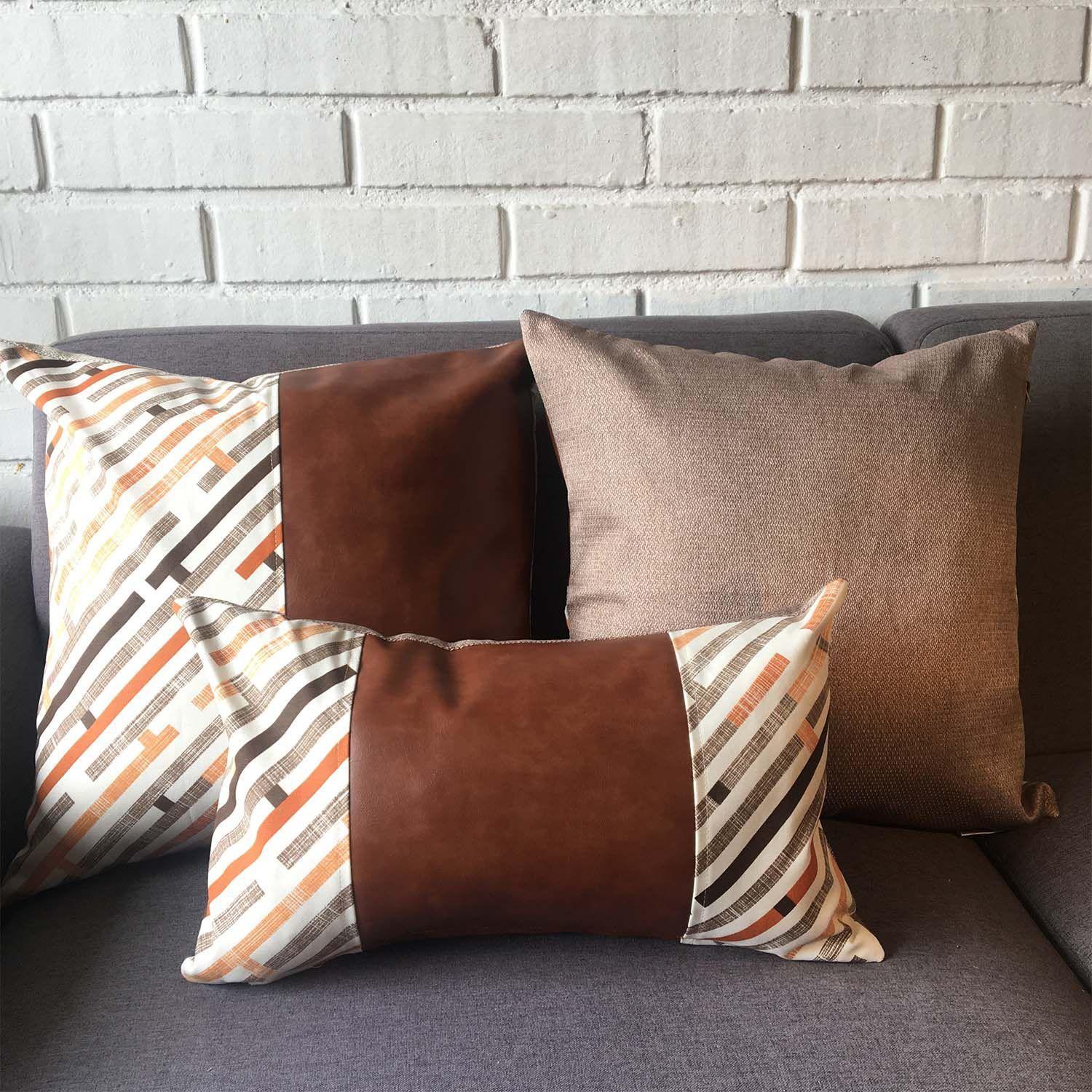 Cojín Decorativo EcoCuero Naranjo y Beige 45x45 Relleno-3