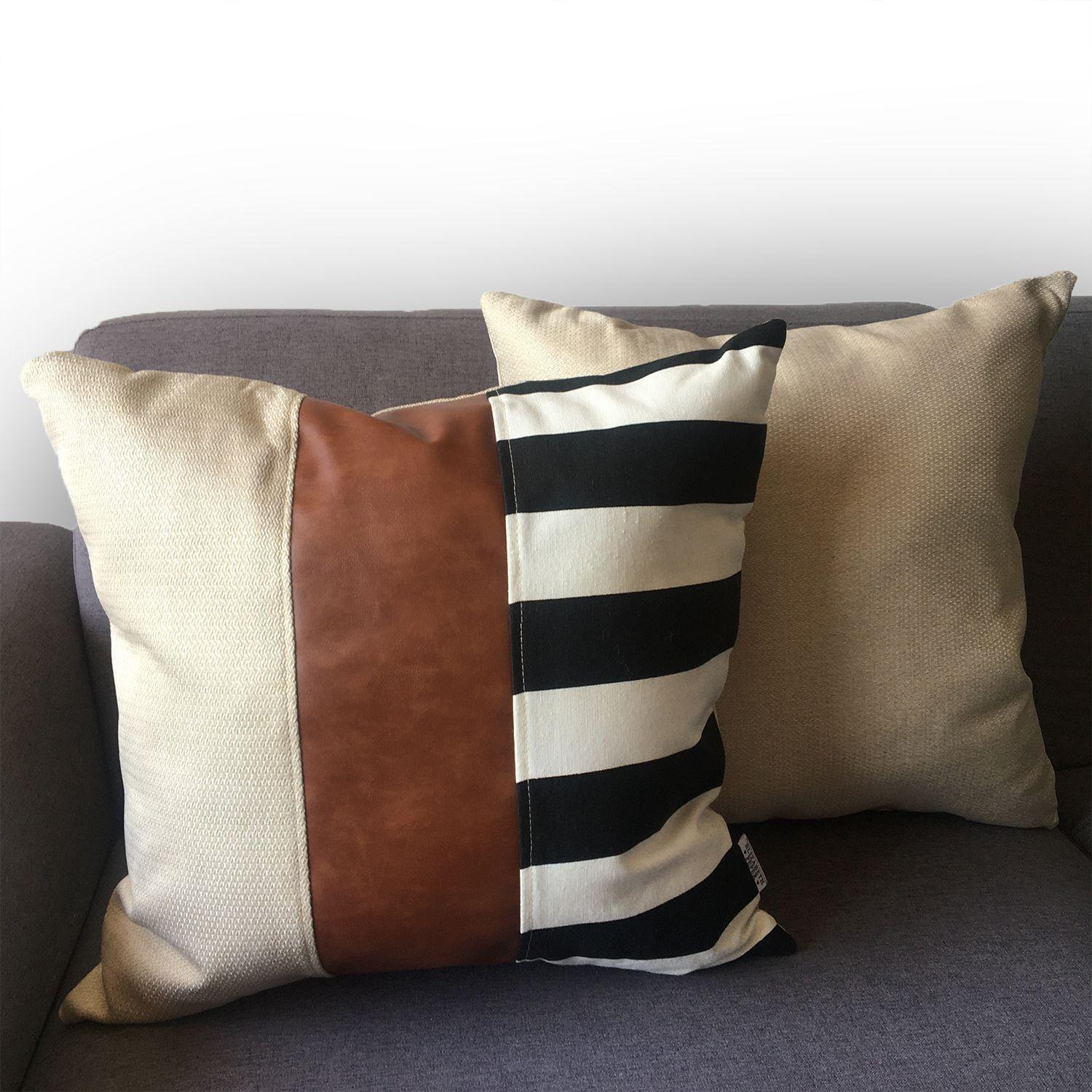 Funda Cojin Decorativo EcoCuero Rayas Blanco y Negro 60x60-1