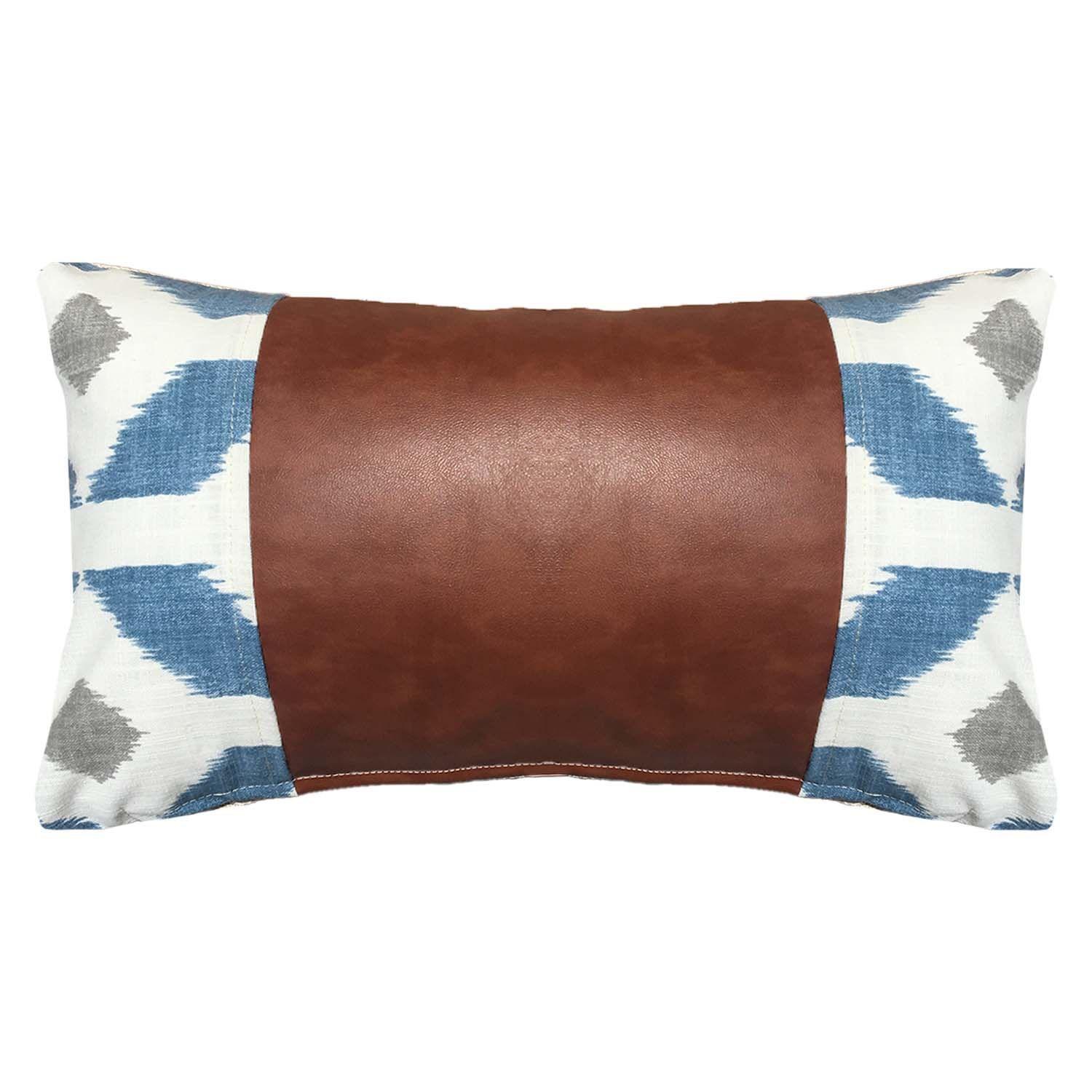 COJIN DECORATIVO ECOCUERO AZUL Y BEIGE 50X30 RELLENO-0