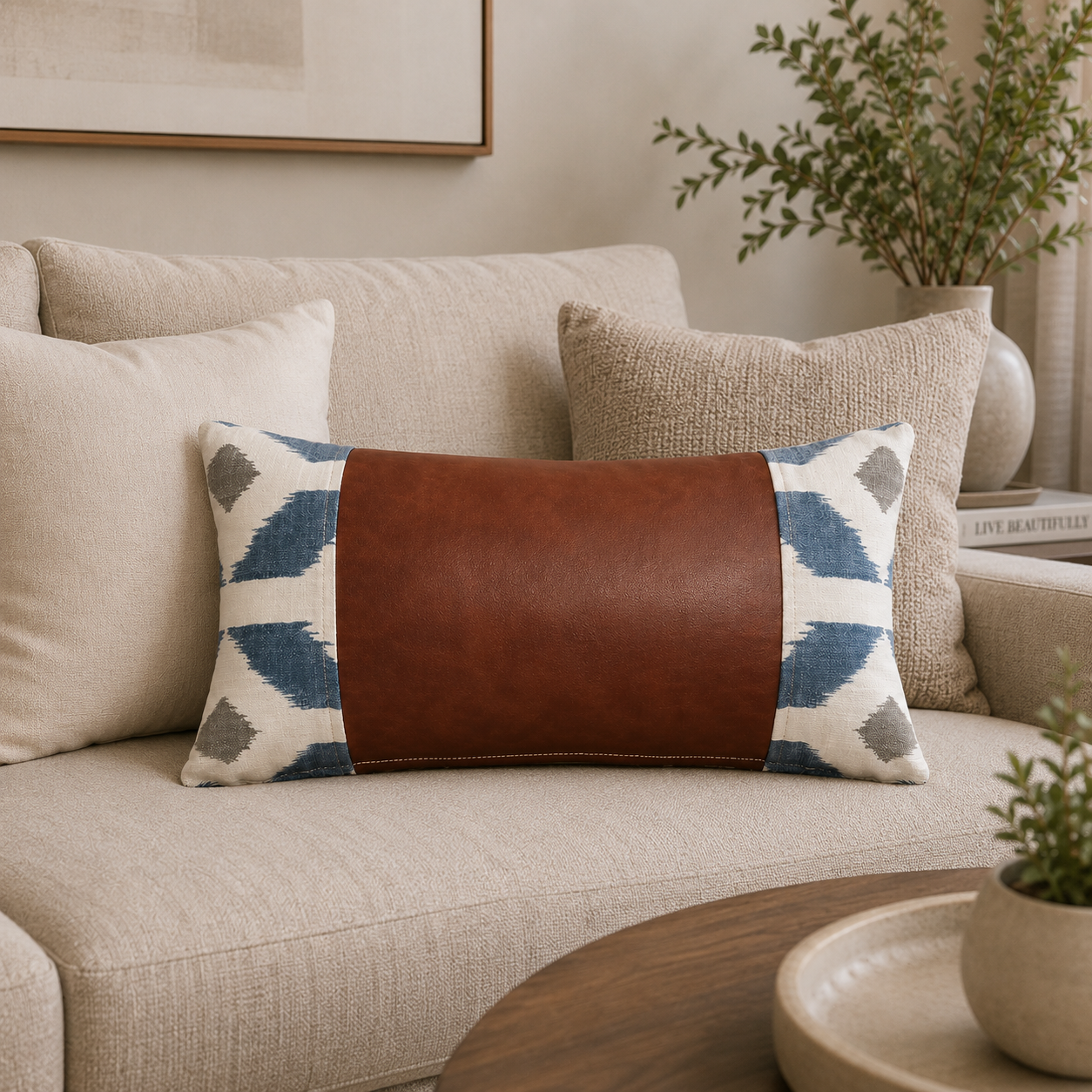COJIN DECORATIVO ECOCUERO AZUL Y BEIGE 50X30 RELLENO-1