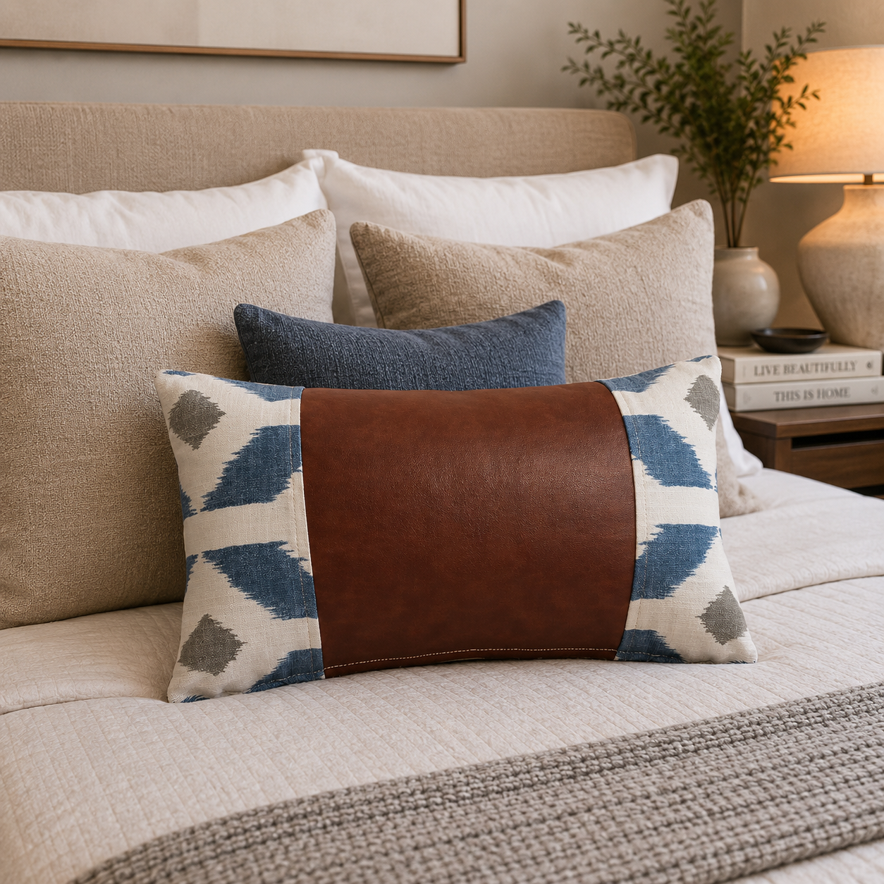 COJIN DECORATIVO ECOCUERO AZUL Y BEIGE 50X30 RELLENO-2
