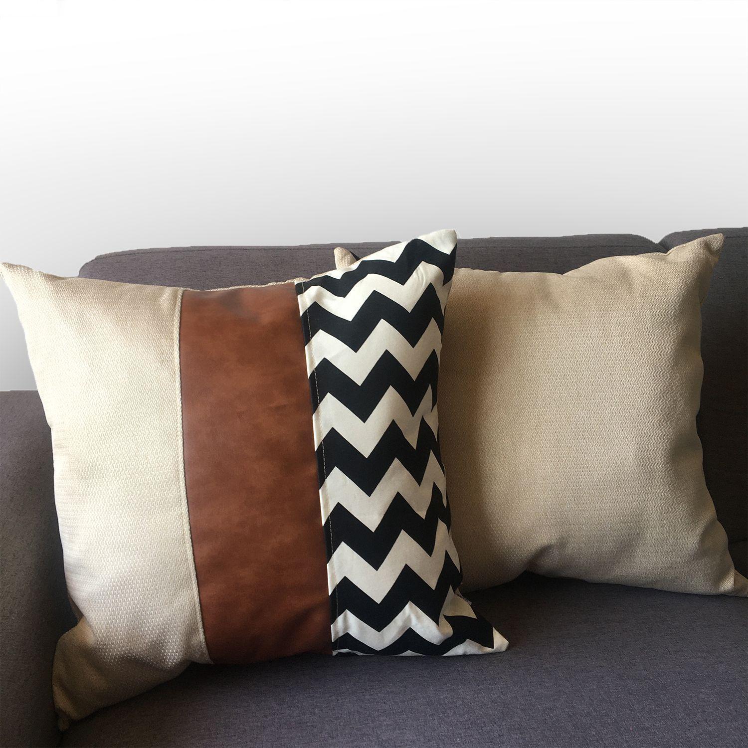 PACK 4 FUNDAS COJIN DECORATIVO ECOCUERO ZIGZAG NEGRO 45X45-5