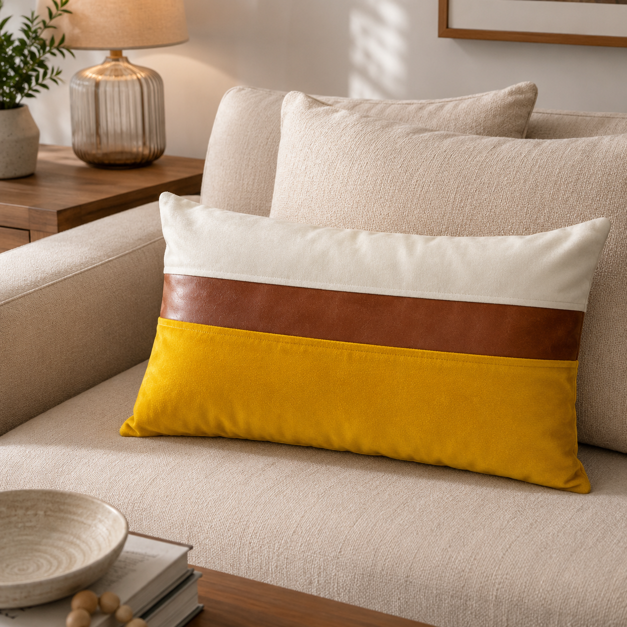 Cojín Decorativo diseño Amarillo Blanco Ecocuero 60X40 Relleno-1