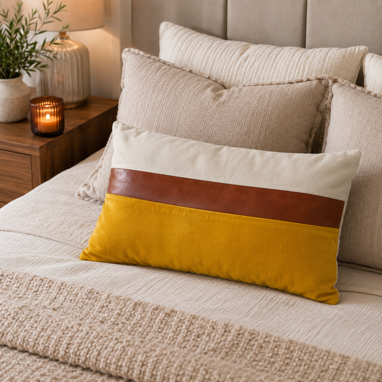 Cojín Decorativo diseño Amarillo Blanco Ecocuero 60X40 Relleno-2