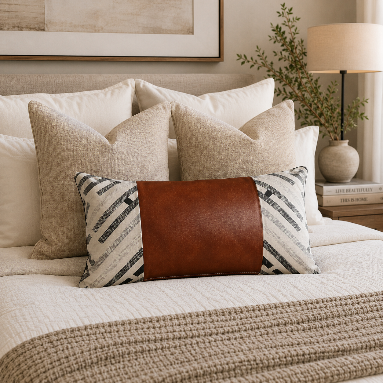 COJIN DECORATIVO ECOCUERO GRIS Y BEIGE 50X30 RELLENO-2