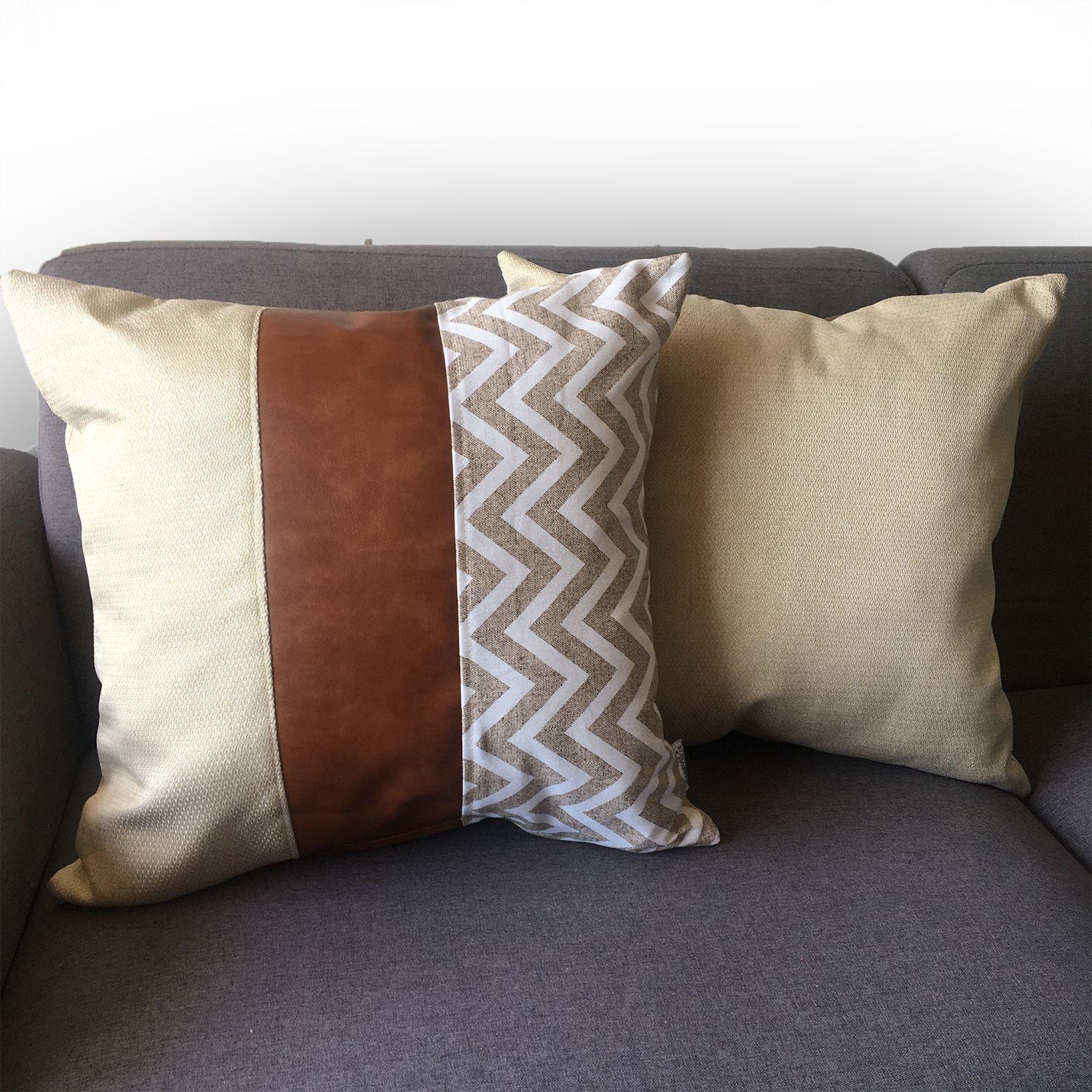 Funda Cojin Decorativo EcoCuero ZigZag Crema y Blanco 60x60-1