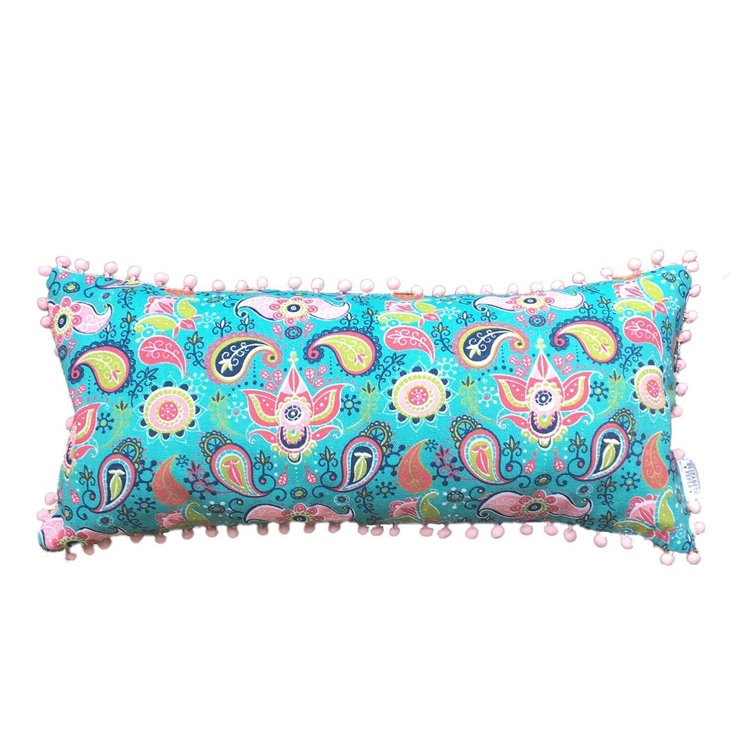 COJIN DECORATIVO DISEÑO PON PON TURQUESA 62X28 RELLENO-0