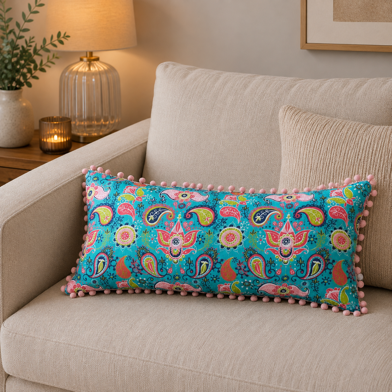 COJIN DECORATIVO DISEÑO PON PON TURQUESA 62X28 RELLENO-1