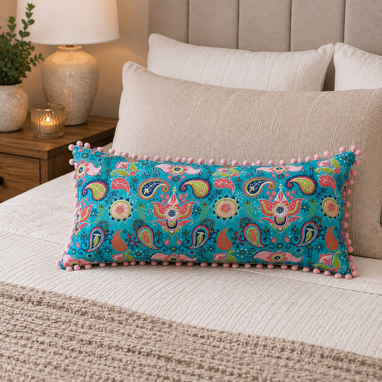 COJIN DECORATIVO DISEÑO PON PON TURQUESA 62X28 RELLENO-2