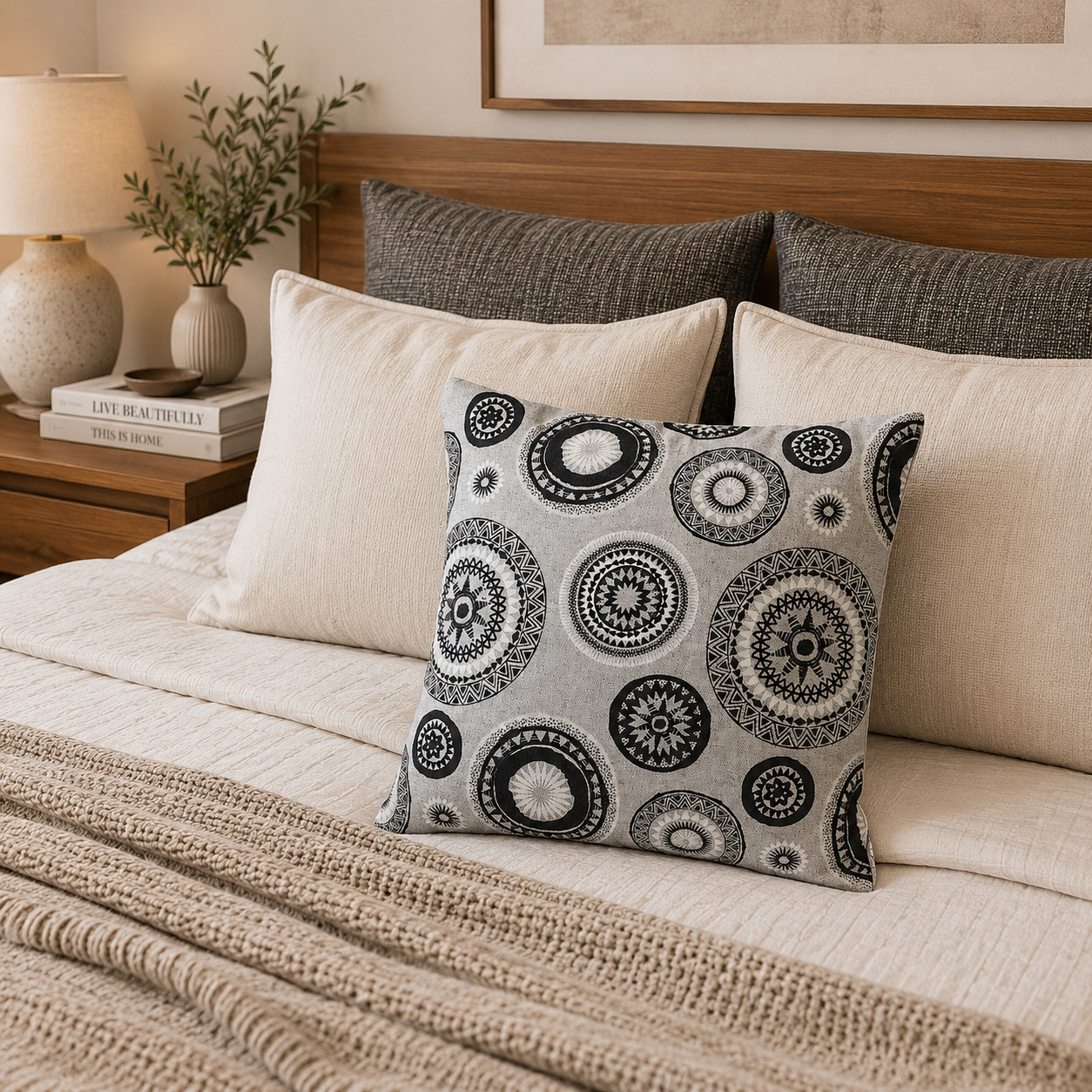 FUNDA COJIN DECORATIVO DISEÑO MANDALAS BLANCO NEGRO 60x60-2