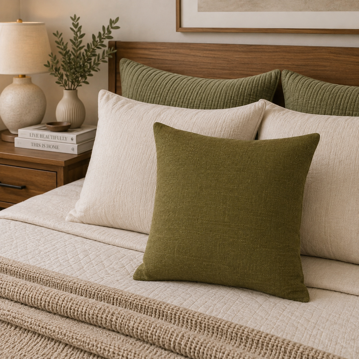 Cojin Decorativo Diseño Lino Verde Oliva 45x45 Relleno-2