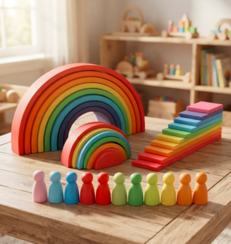 Set de Bloques de Construcción de Madera  Arcoíris Montessori 4 en 1-3