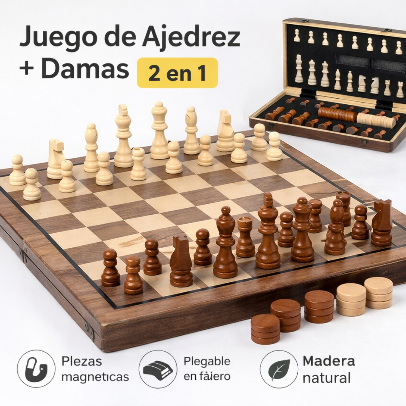 Juego Ajedrez y Damas 2 en 1 Magnético de Madera Premium -6