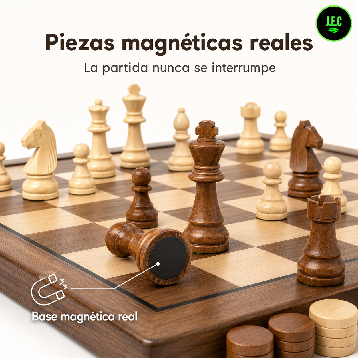 Juego Ajedrez y Damas 2 en 1 Madera Natural 39cm Magnetico-2