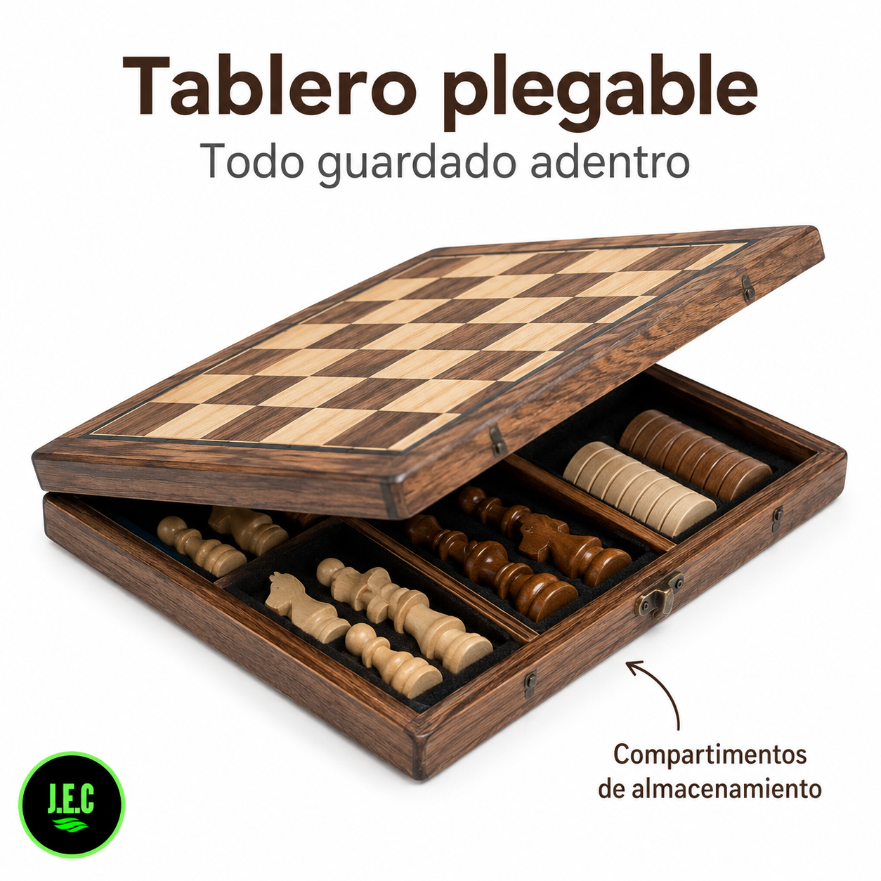 Juego Ajedrez y Damas 2 en 1 Madera Natural 39cm Magnetico-3