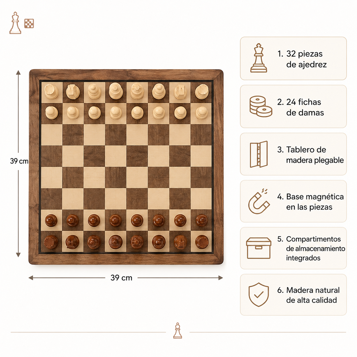 Juego Ajedrez y Damas 2 en 1 Madera Natural 39cm Magnetico-5