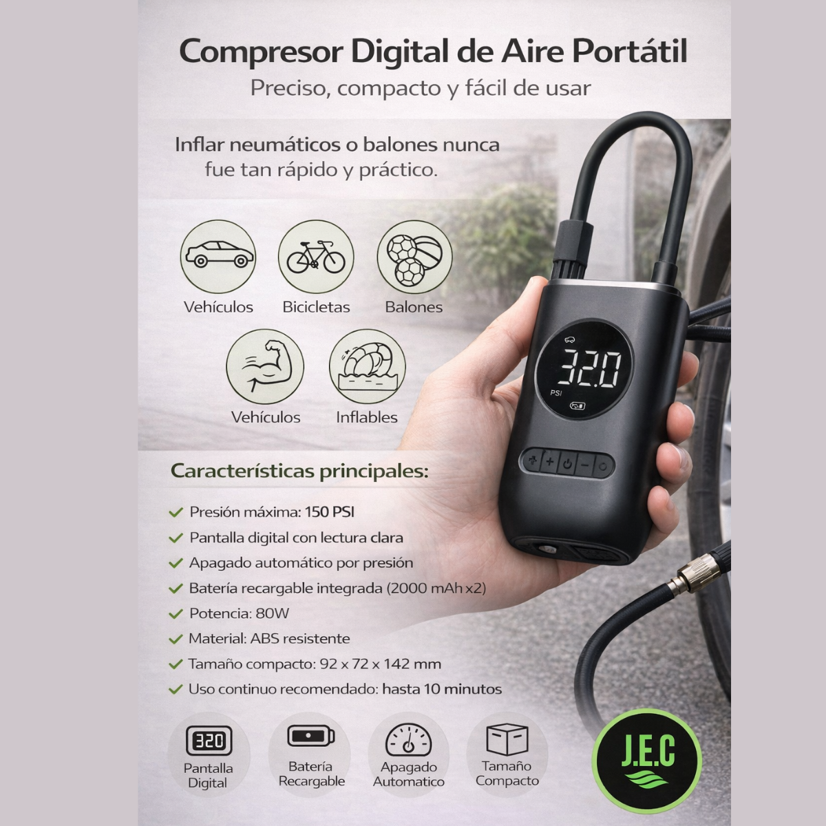 Mini Compresor Aire Portátil Digital 150 PSI Auto Bicicleta-2