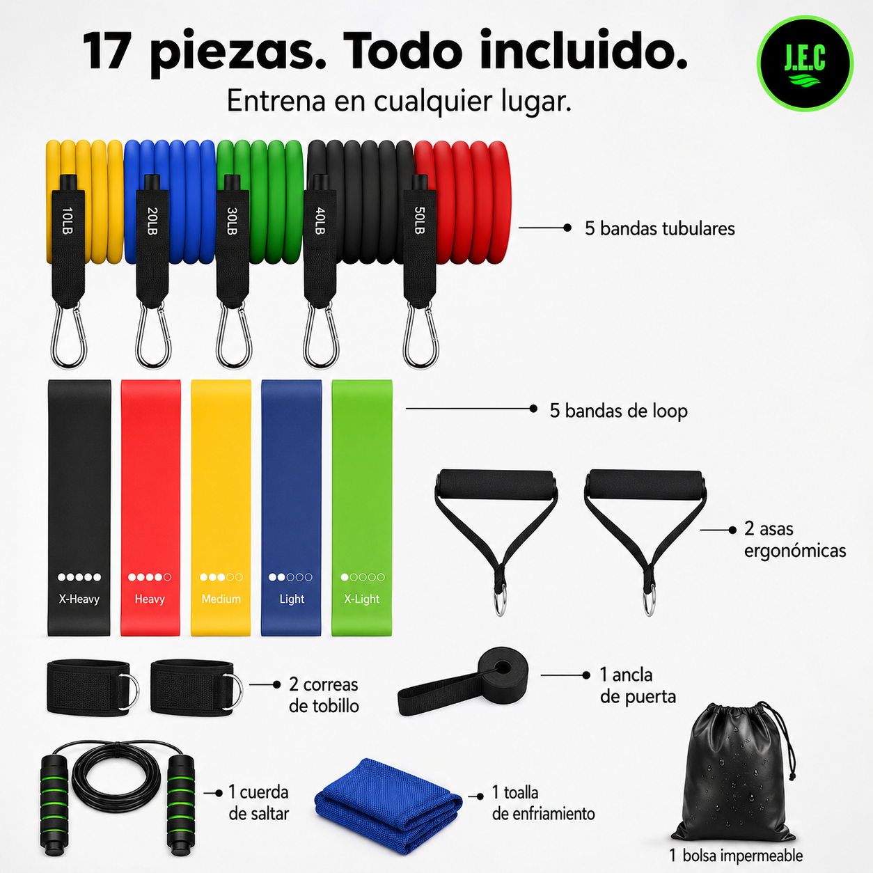 Kit Bandas Resistencia 17 Piezas Latex Natural hasta 150 lbs-2