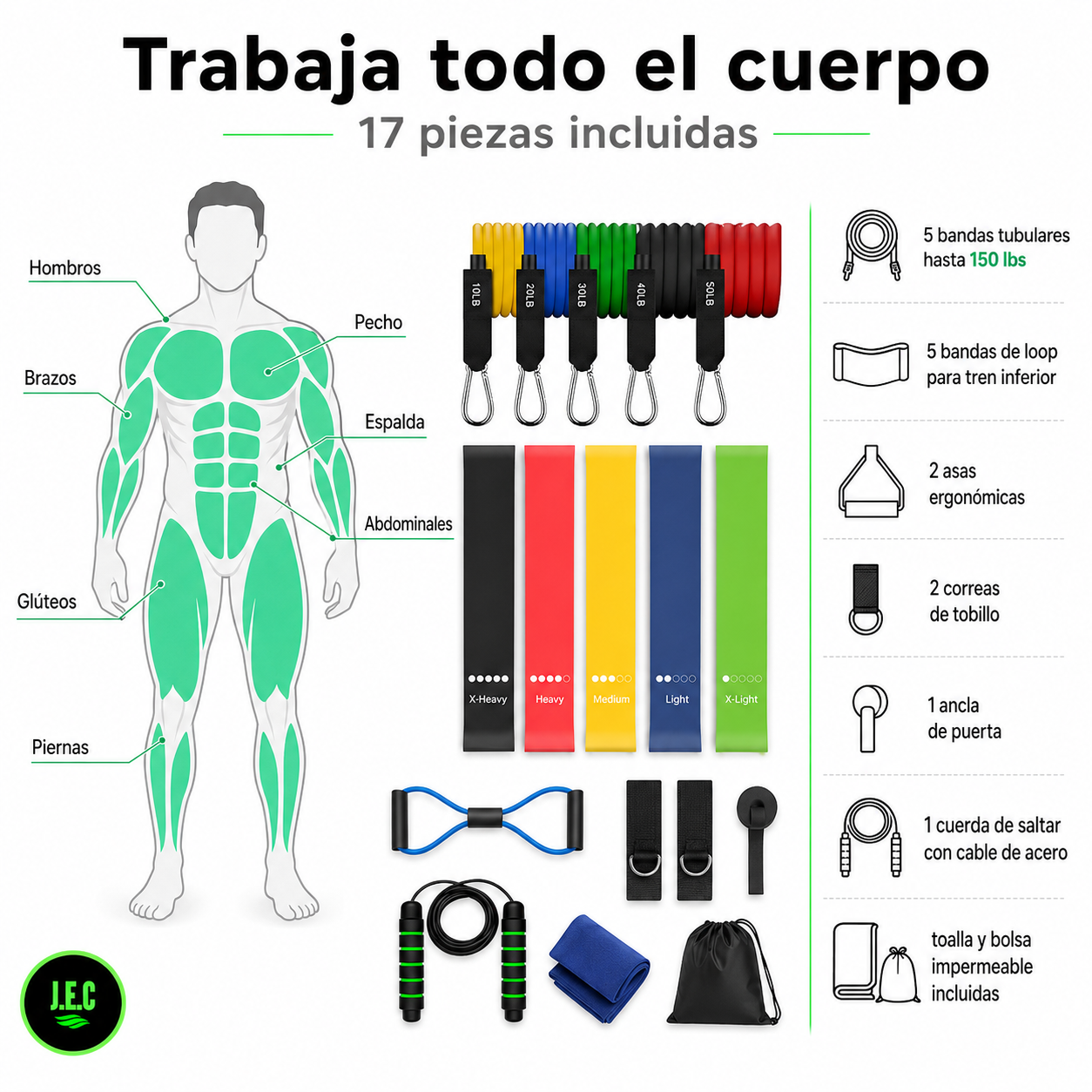 Kit Bandas Resistencia 17 Piezas Latex Natural hasta 150 lbs-5