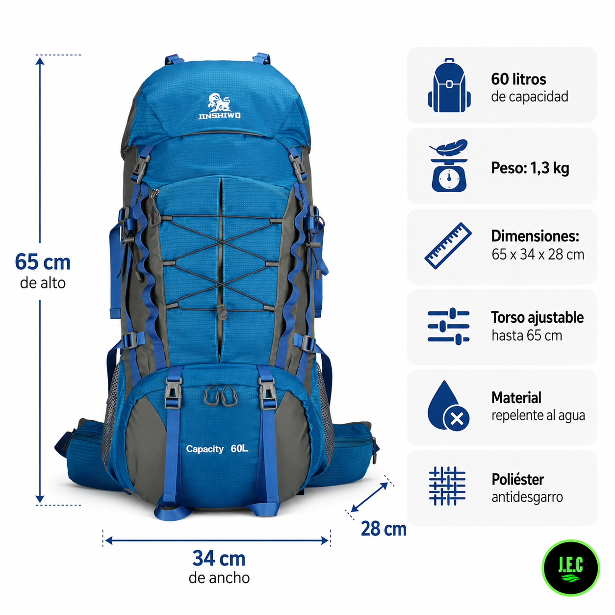 Mochila Tecnica 60L Trekking Ajuste Torso Regulable 1,3kg-5