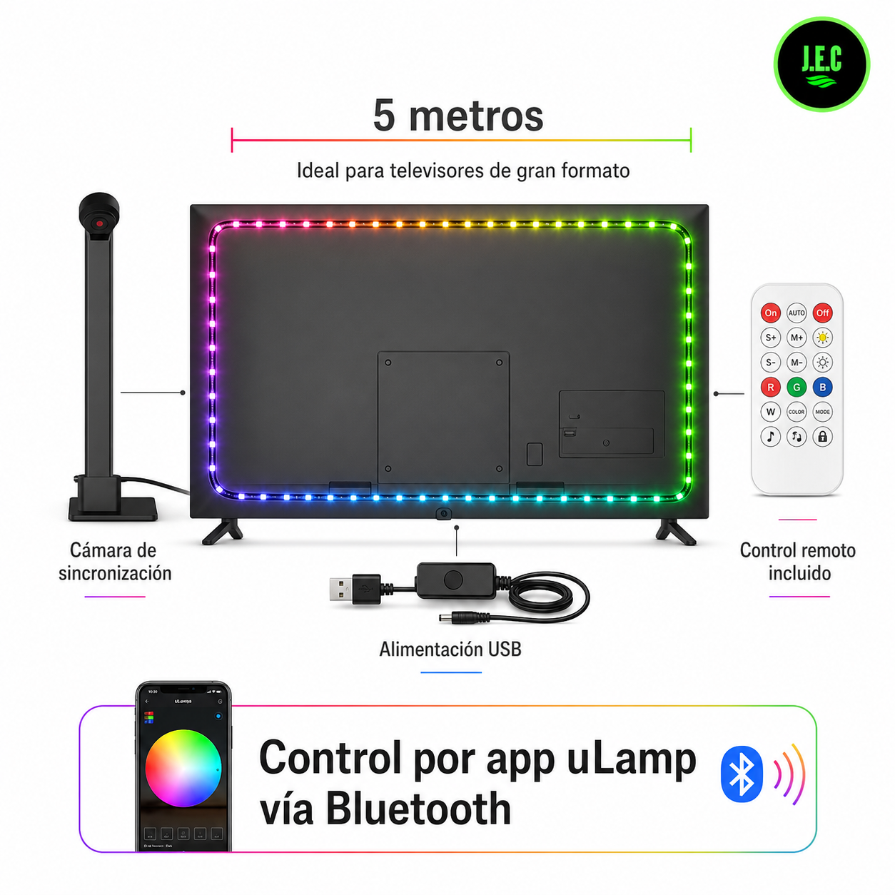 Tira Led Inteligente de 5 Metros para TV con Cámara de Sincronización-5