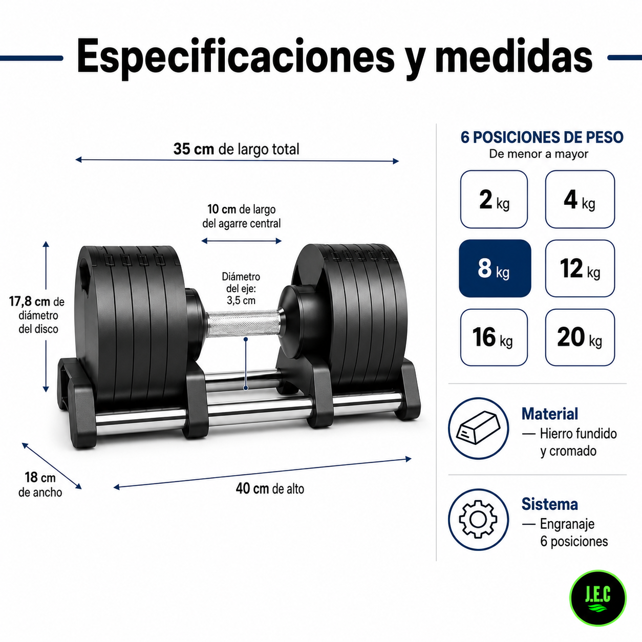 Mancuerna Ajustable Hierro 2 a 20kg Engranaje 6 Posiciones-5