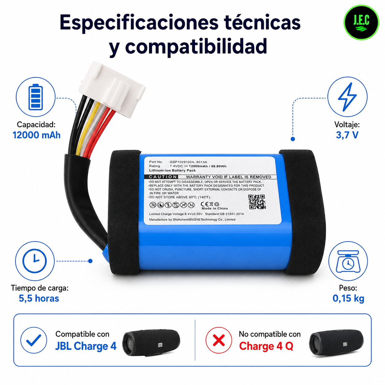Bateria de reemplazo 12 000 mAh para JBL Charge 4-5