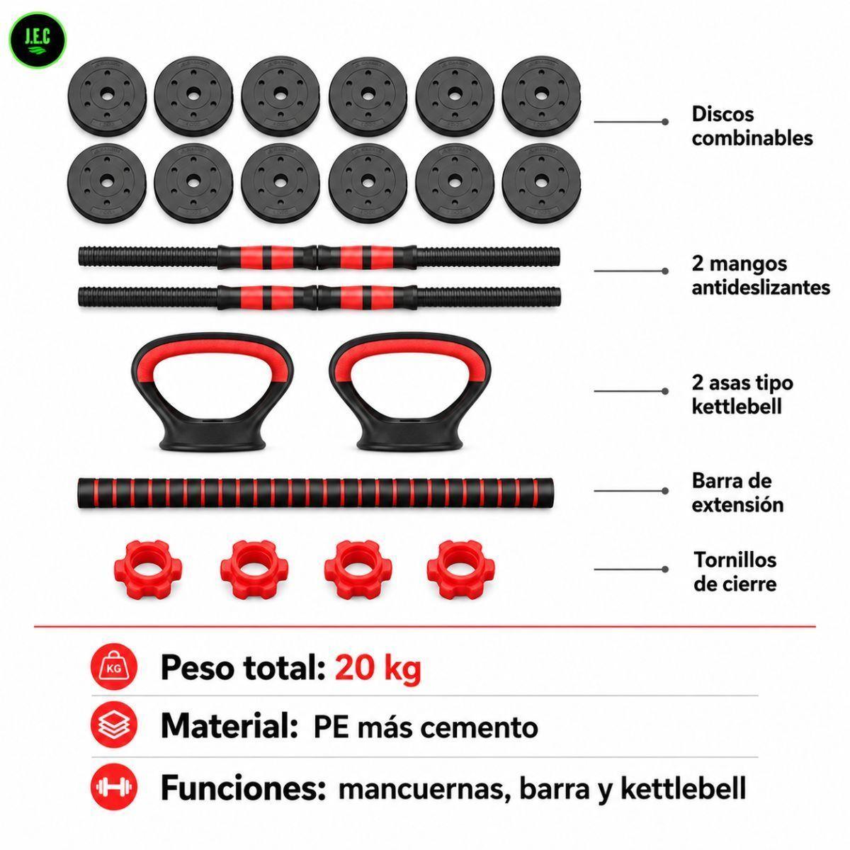 Set de Pesas Ajustables 20 Kg Convertible en Barra y Kettlebell-5