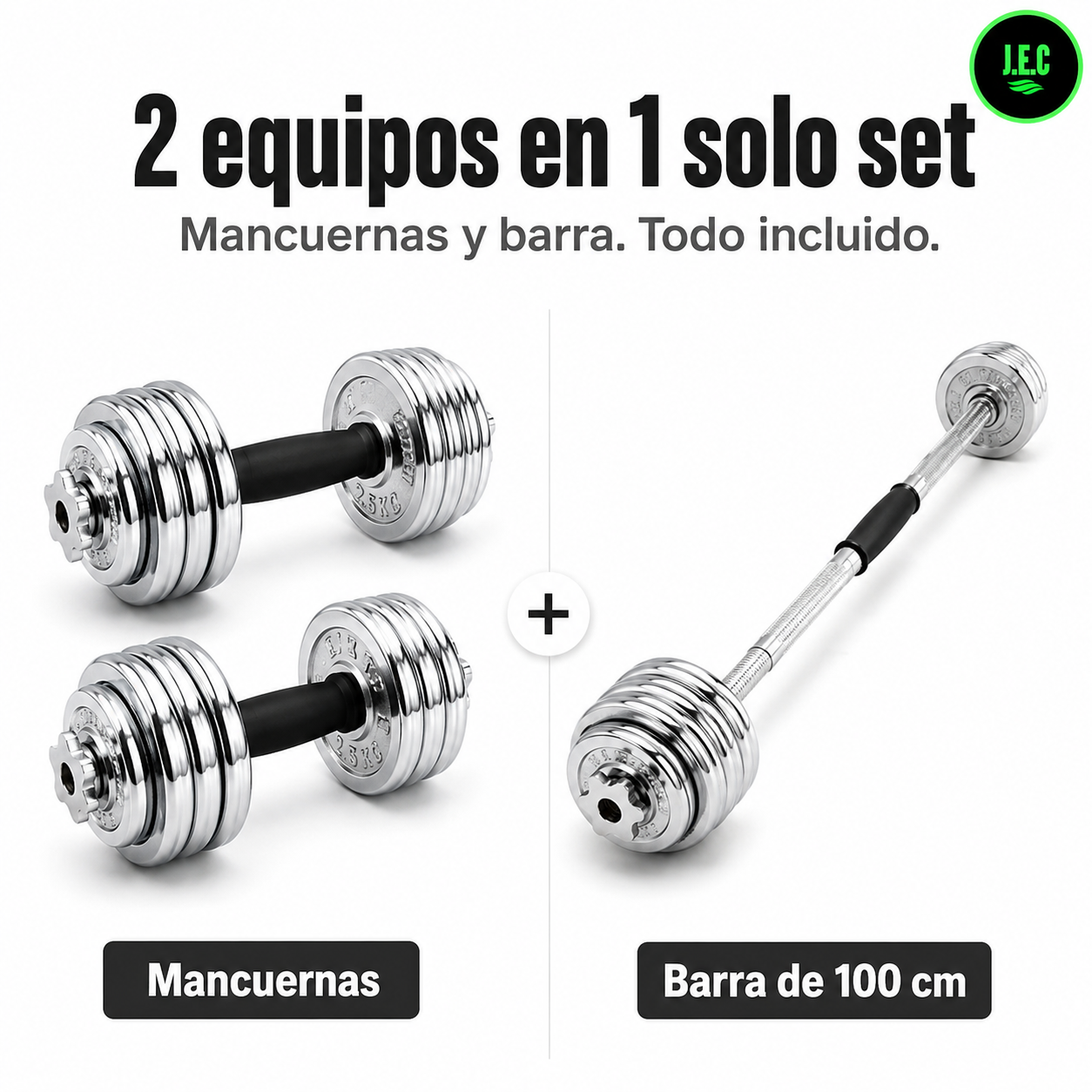 Set Mancuernas Ajustables J.E.C. 50kg 2 en 1 Barra Maletin-1