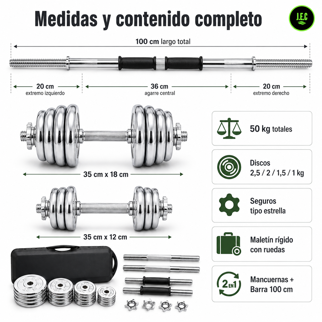 Set Mancuernas Ajustables J.E.C. 50kg 2 en 1 Barra Maletin-5