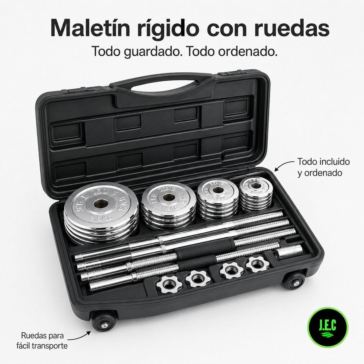 Set Mancuernas Ajustables J.E.C. 50kg 2 en 1 Barra Maletin-3