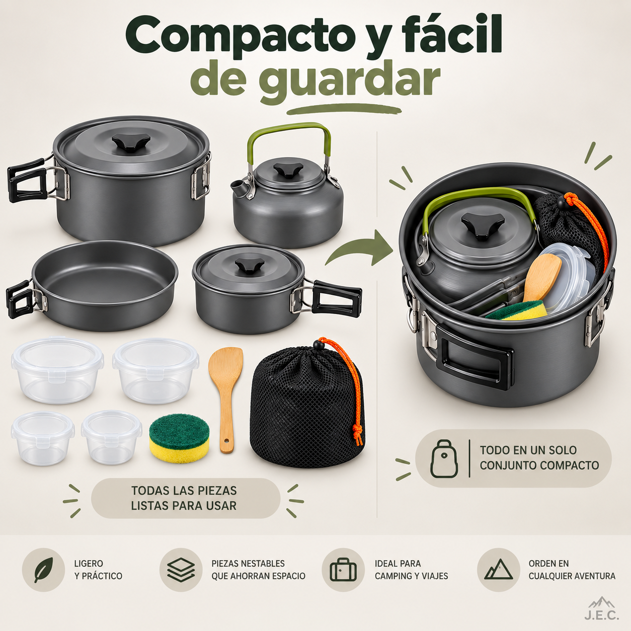 Set Cocina Camping 16 Piezas con Tetera Ollas Sart n y Bolso-4