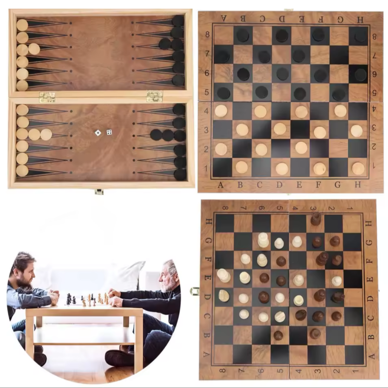 Ajedrez 3 En 1 Madera 48x48 Cm Con Damas Y Backgammon GRANDE-2