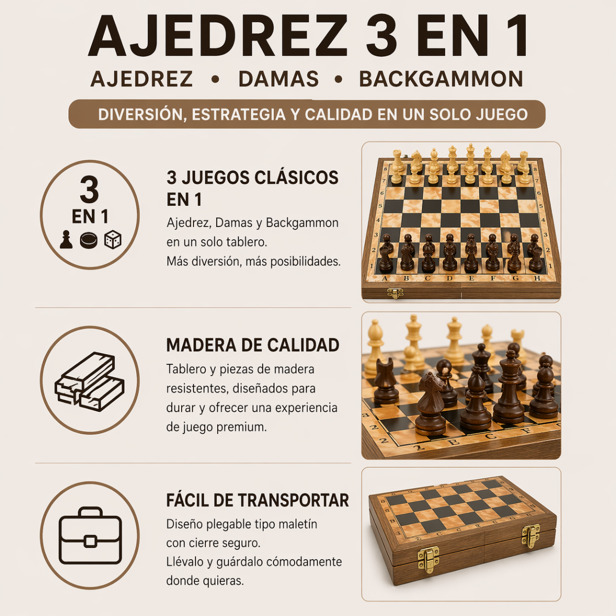 Ajedrez 3 En 1 Madera 48x48 Cm Con Damas Y Backgammon GRANDE-3