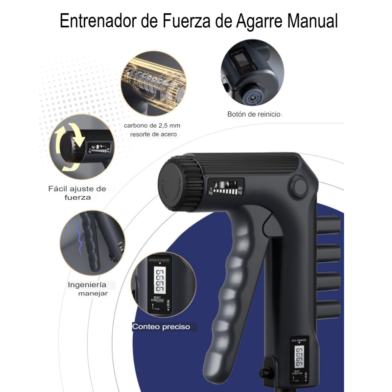 Hand Grip Con Contador Mecánico Ajustable 5 A 60 Kg Fitnes-2